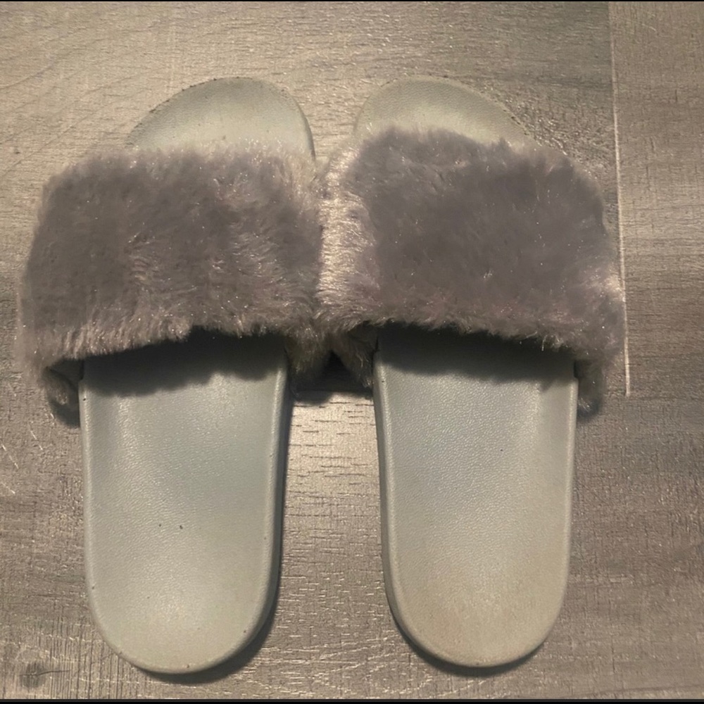 Gray slip on shoes.